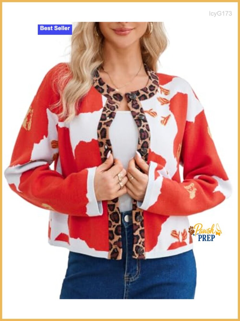 Cropped Open Front Button Down Cardigan Sweater with Leopard Trim